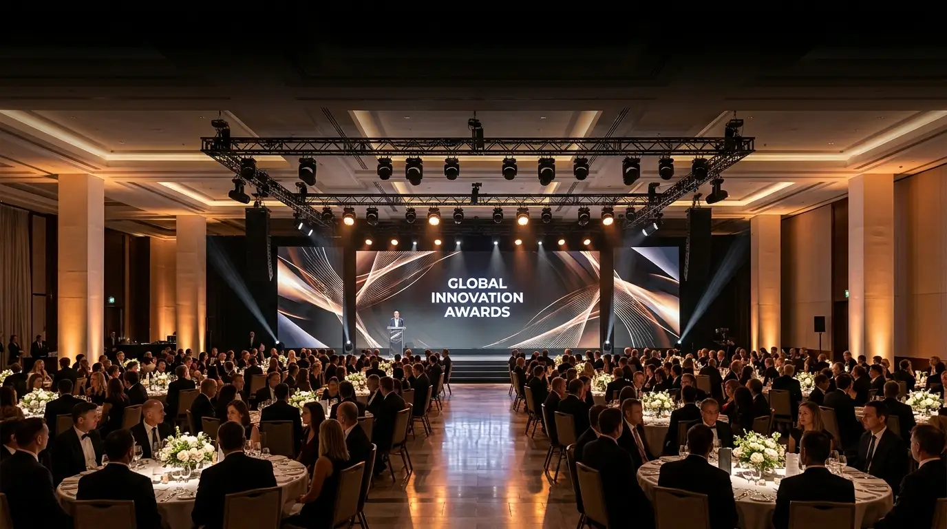 Large corporate event with integrated stage, truss, video and professional lighting production