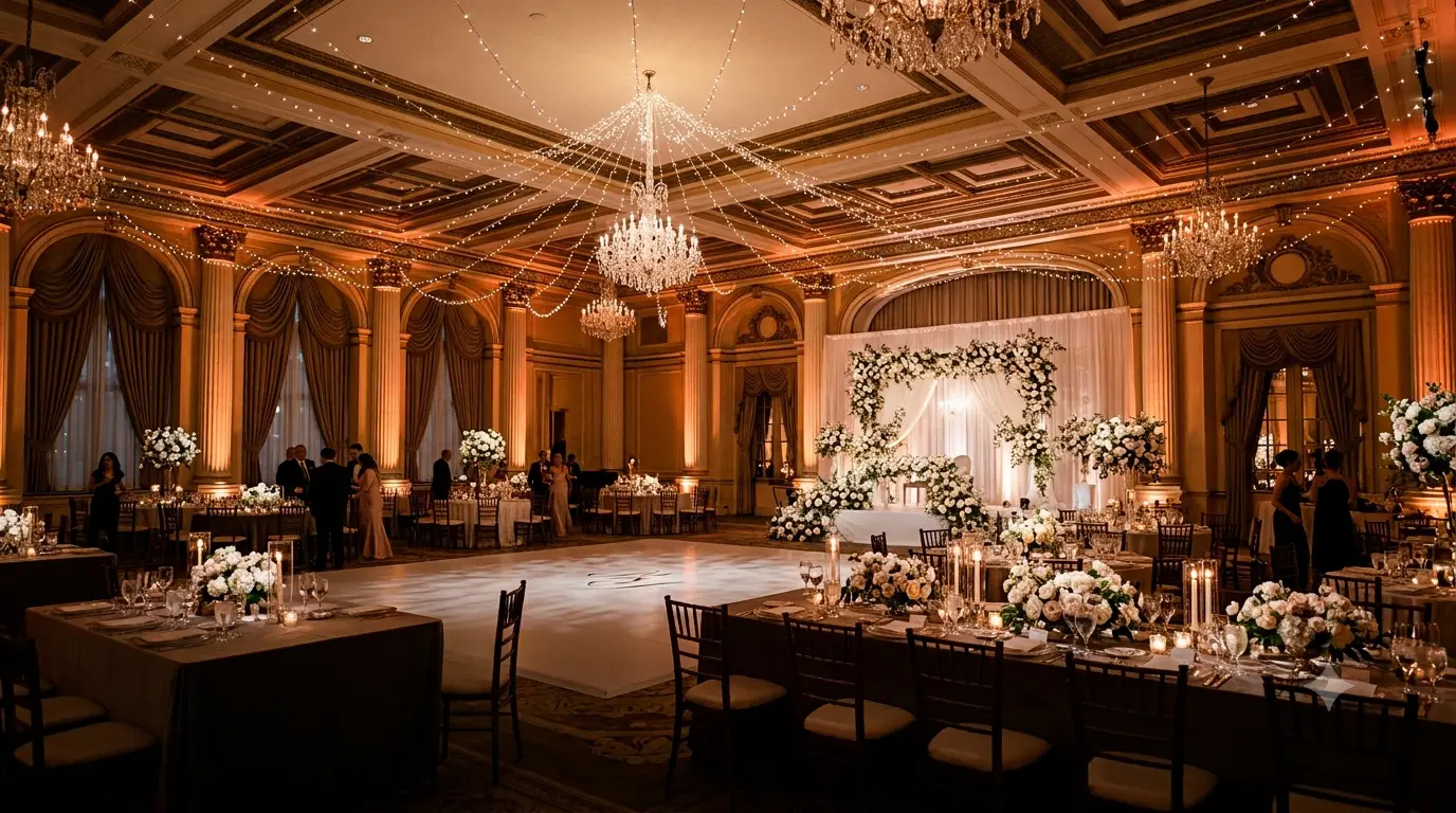 Luxury wedding reception transformed by warm architectural and dance floor lighting