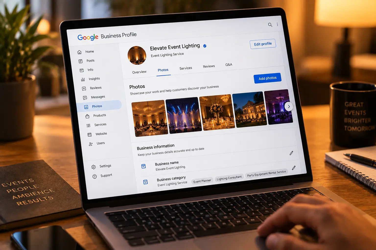 Google Business Profile dashboard for a lighting company