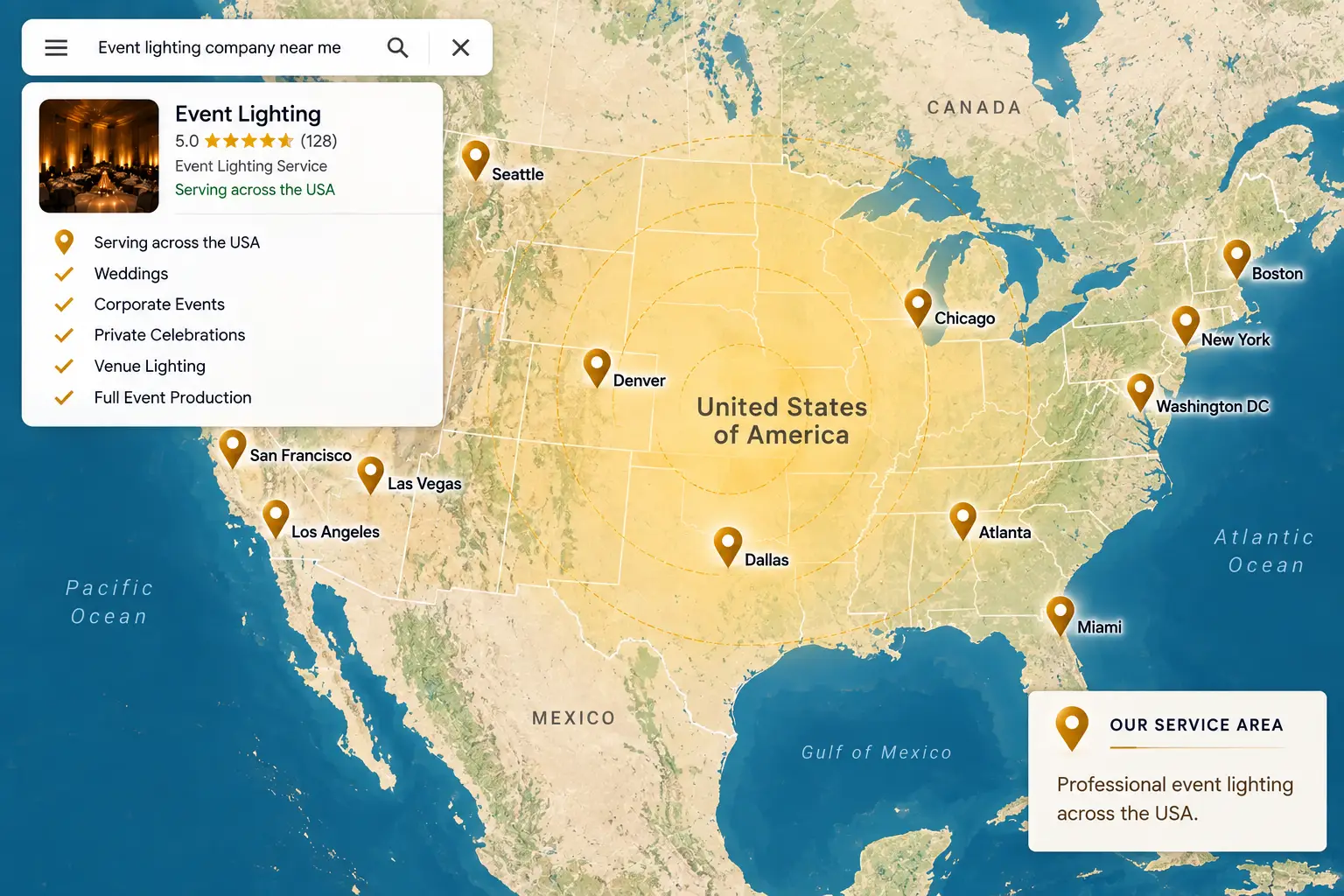Map of metro areas served by an event lighting company