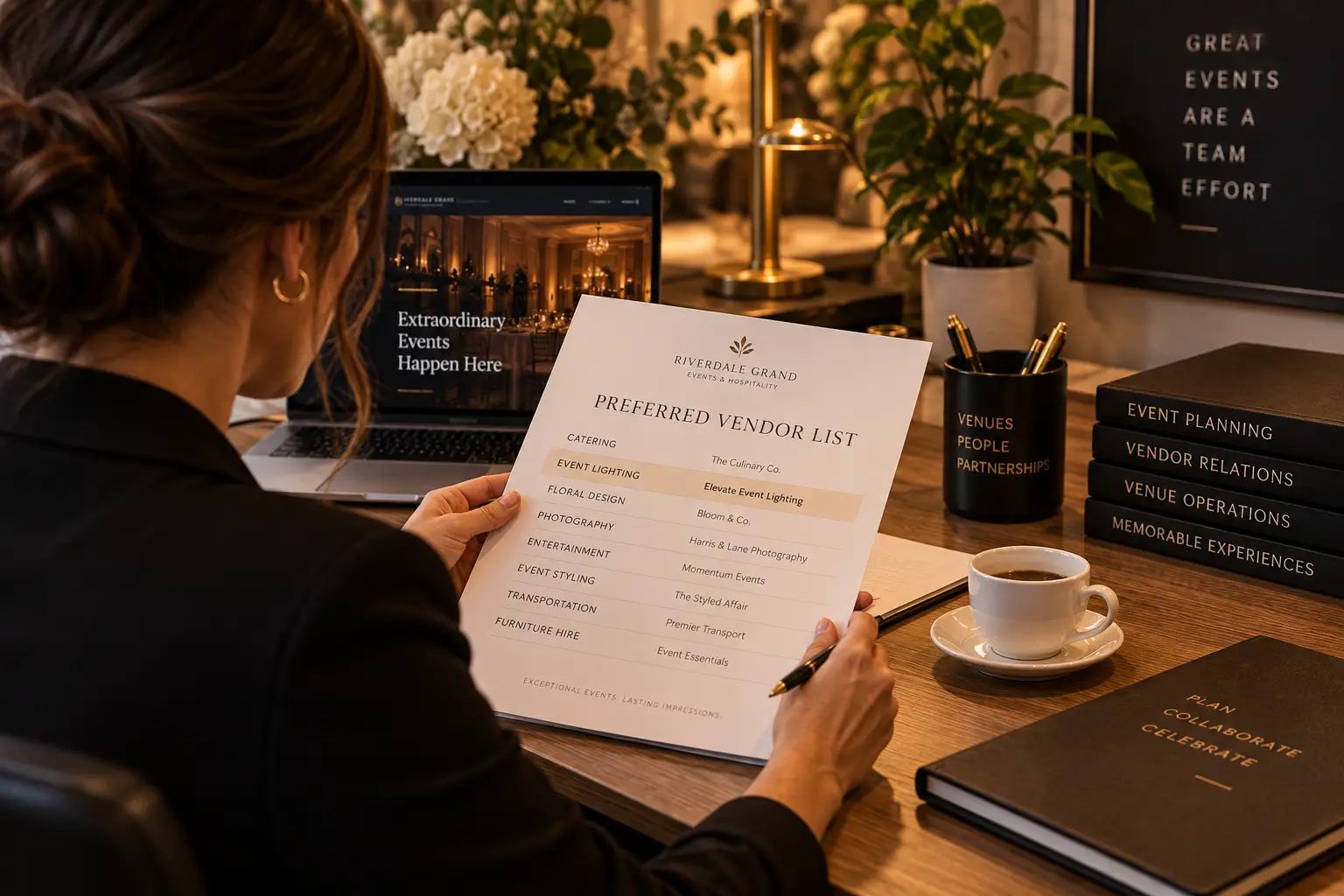 Venue coordinator reviewing a preferred vendor list