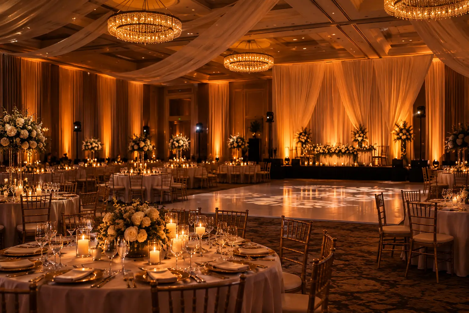 Wedding reception lit for an evening celebration
